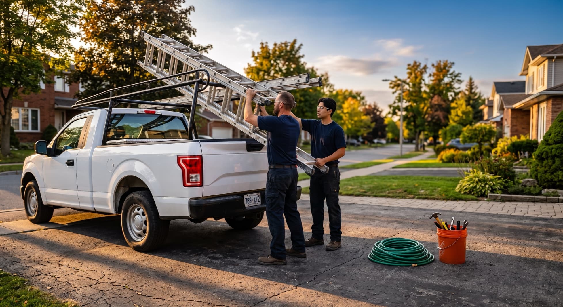 Two-person crew racking ladders on their truck at the end of the day