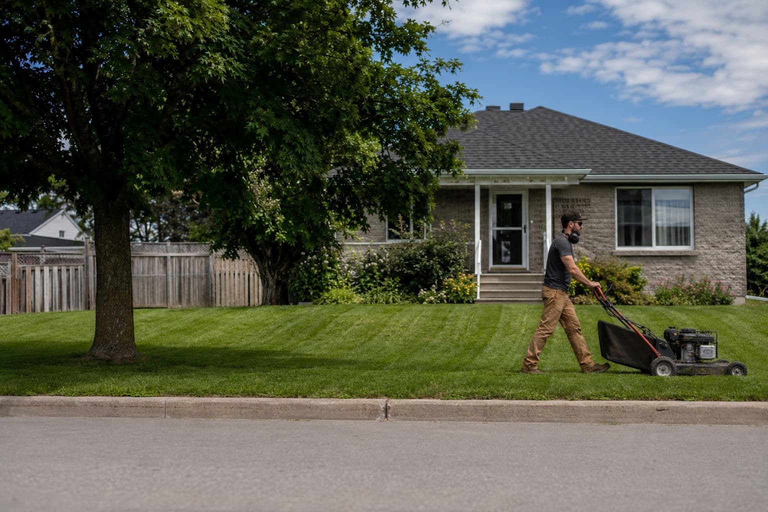 Lawn care operator mowing a tidy suburban front yard